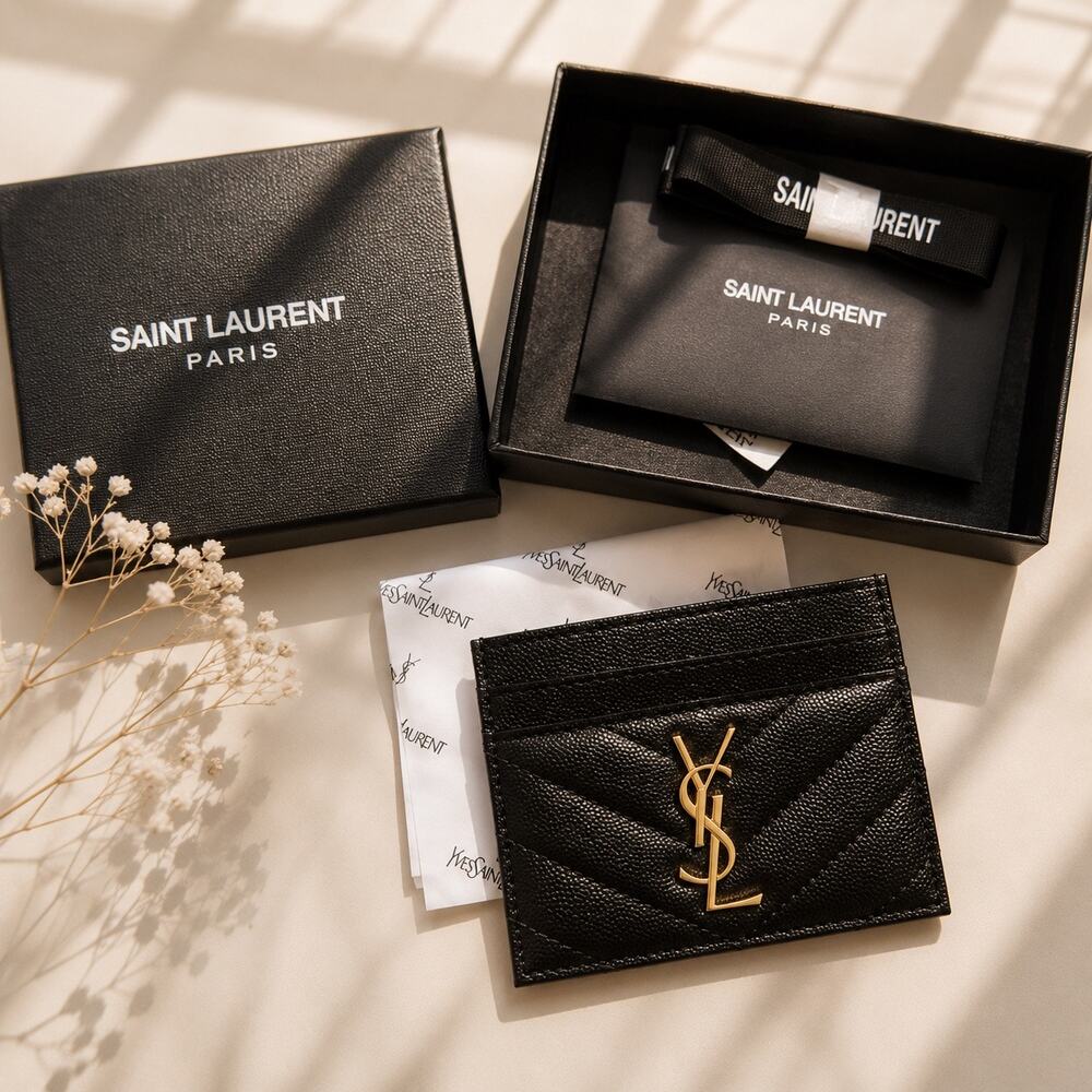 YSL Beauty GWP Quilted Leather Card Holder | Black | Gold Hardware | GWP